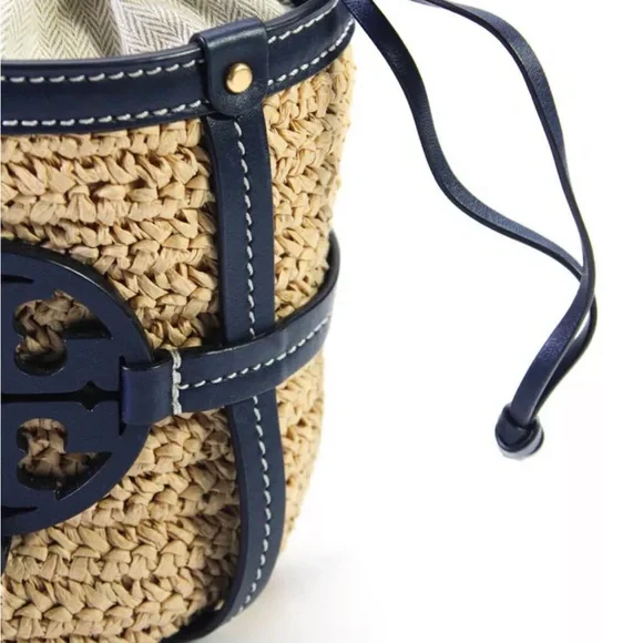 Tory Burch Leather Trim Basket Weave Drawstring Bucket Bag Blue - Picture 2 of 12